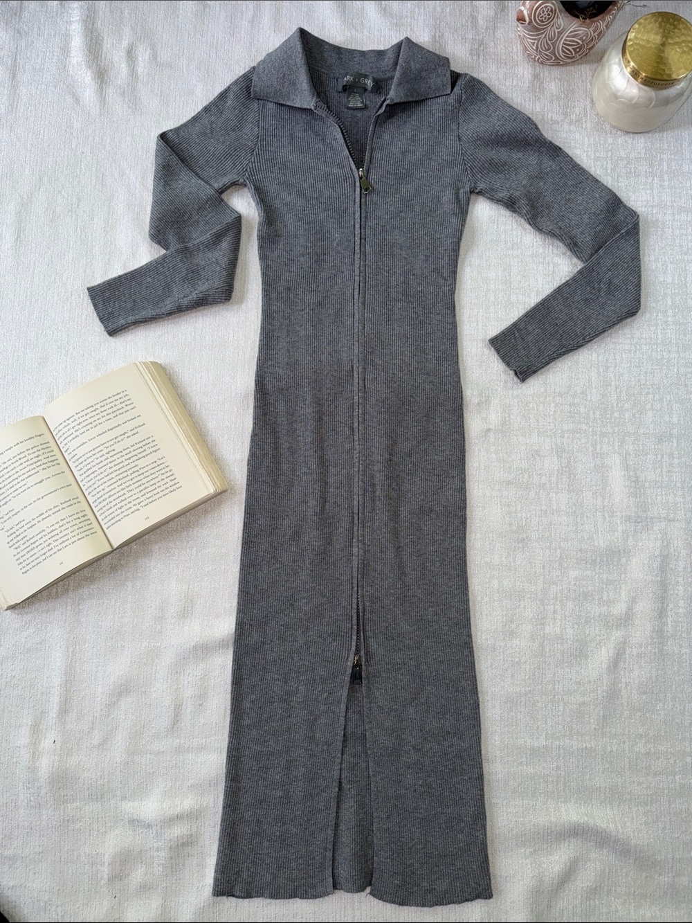 Lark & Grey Grey Ribbed Long Zip-Up Sweater Dress. Size small